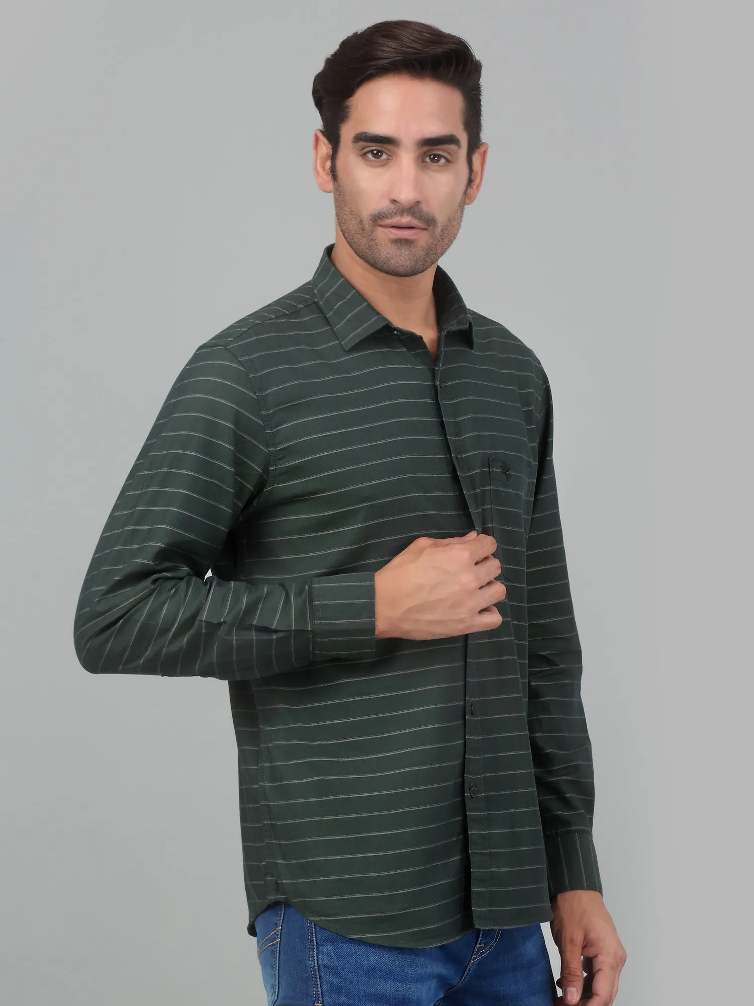Men's Olive Green Casual Horizontal Stripe   Full Sleeve Shirt