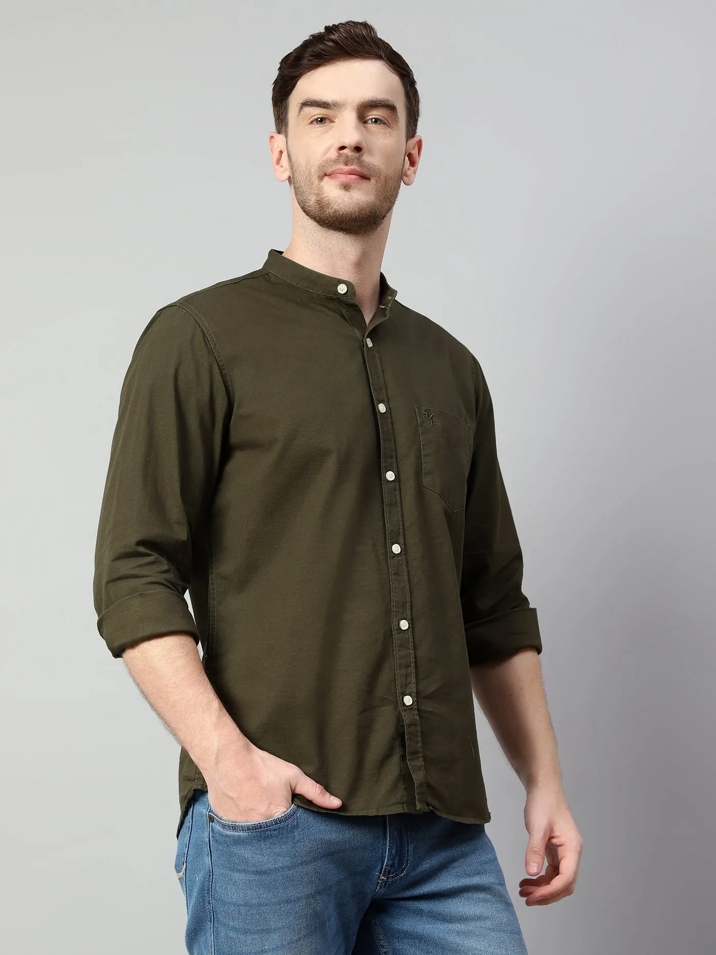 Men's Olive Green Casual Plain Full Sleeve Shirt