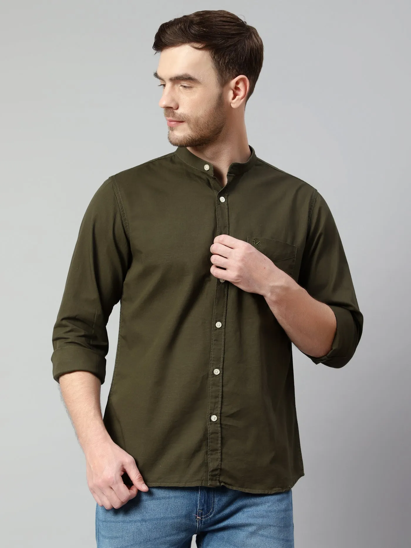 Men's Olive Green Casual Plain Full Sleeve Shirt