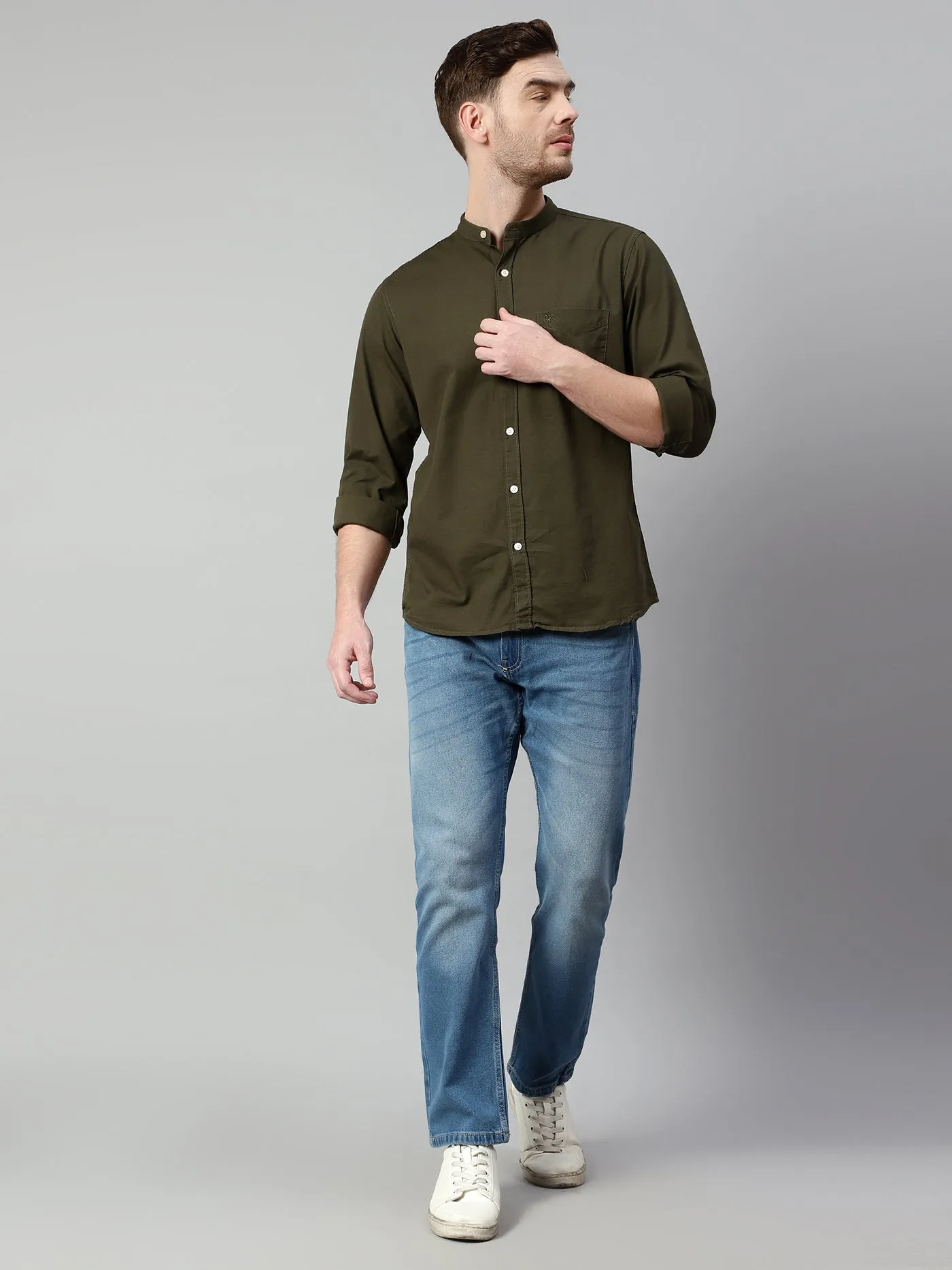 Men's Olive Green Casual Plain Full Sleeve Shirt