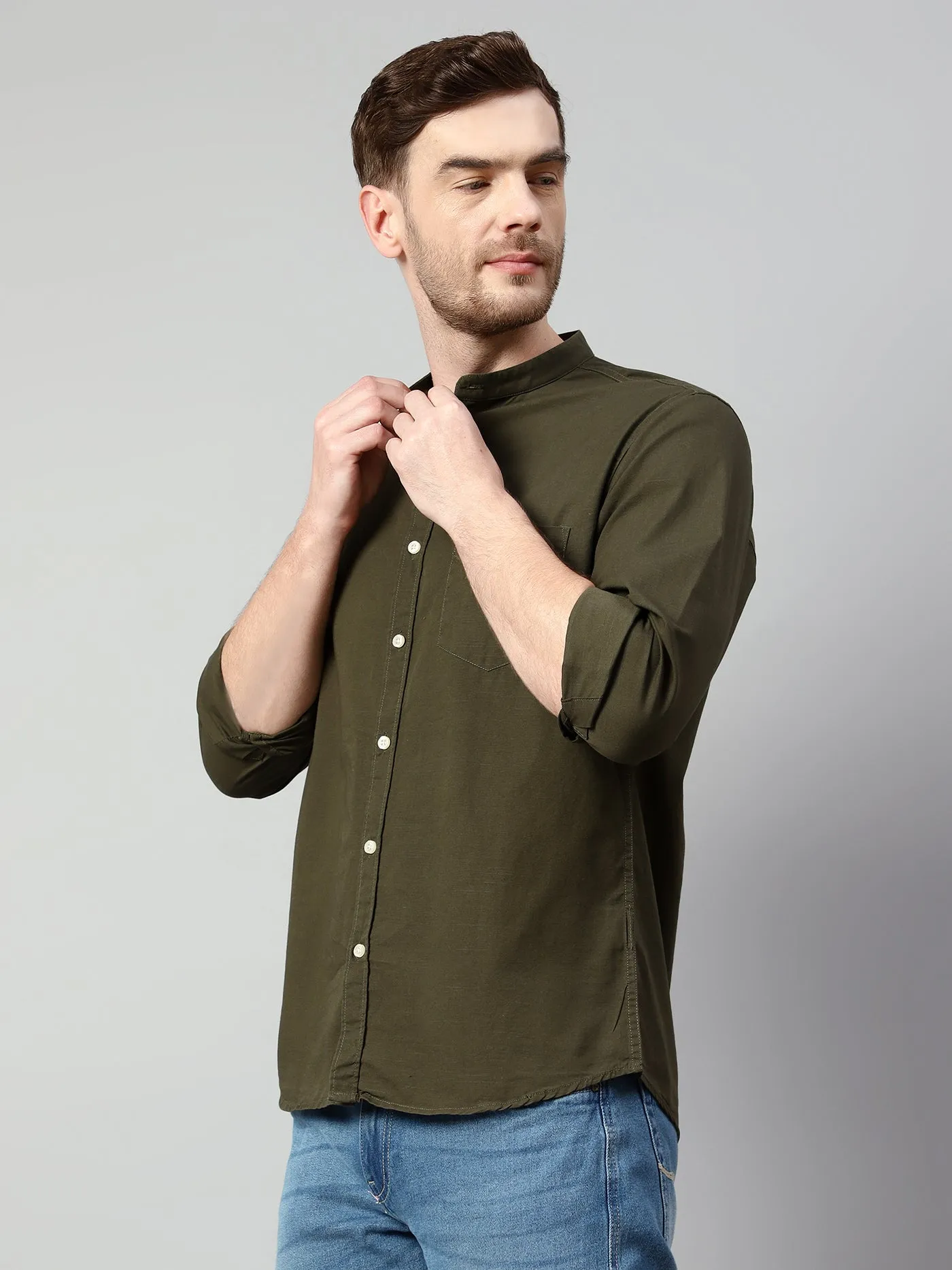 Men's Olive Green Casual Plain Full Sleeve Shirt