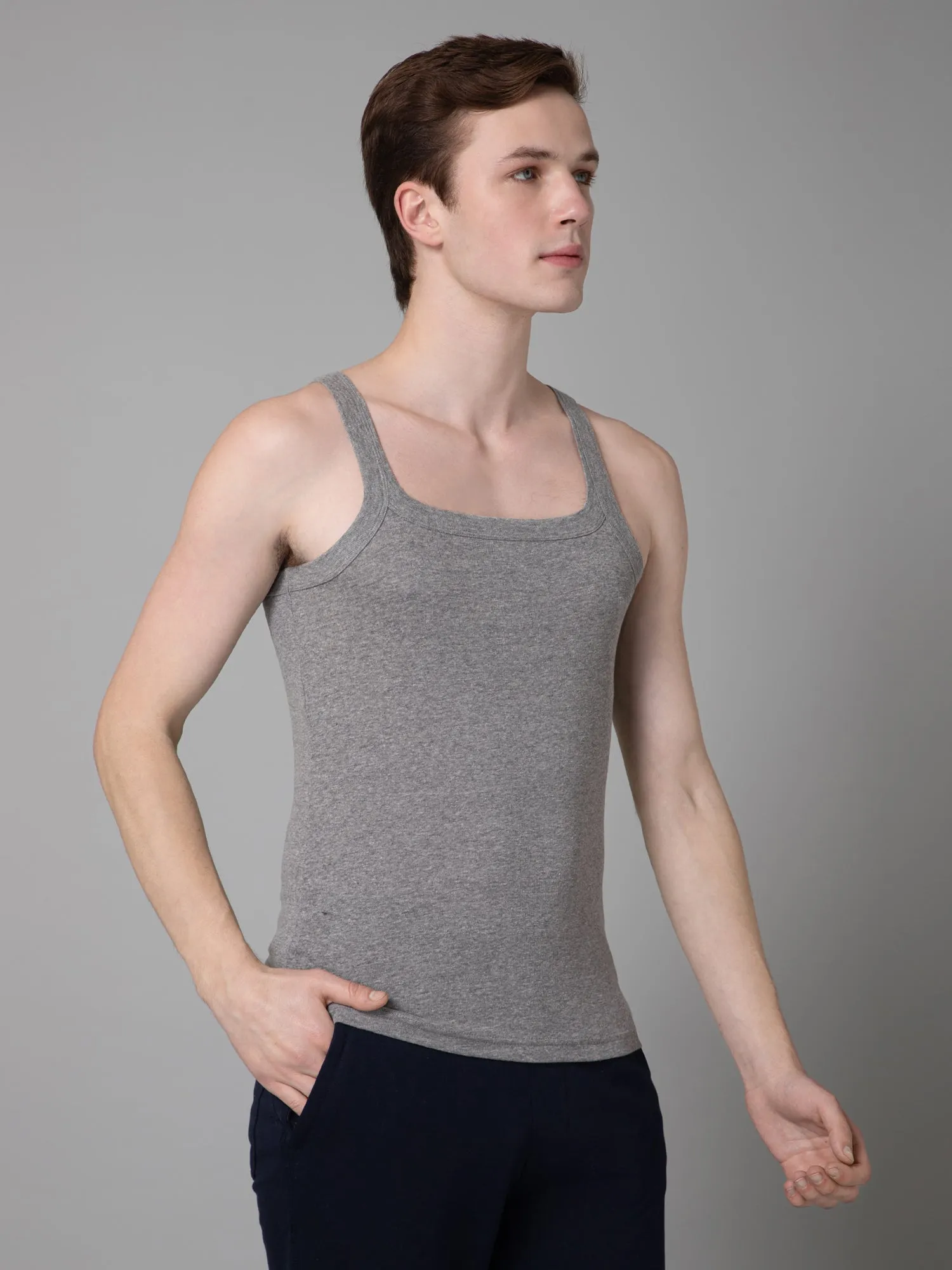 Mens Pack of 2 Grey Melange Cotton Gym Vest