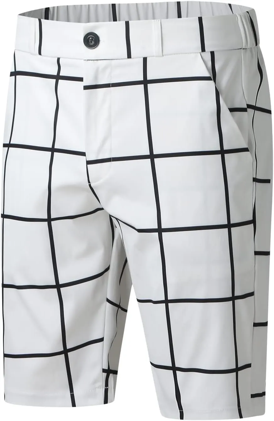 Mens Shorts Slim Fit Stretch Chino Short Pants Flat Front Summer Chino Checked Tartan Golf Yoga Basic Plaid Short