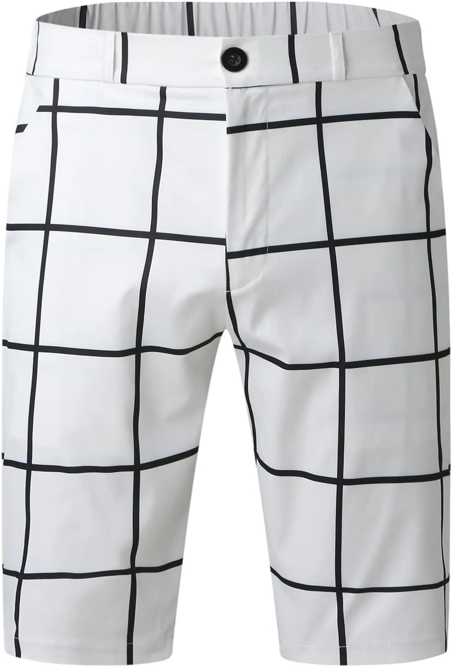 Mens Shorts Slim Fit Stretch Chino Short Pants Flat Front Summer Chino Checked Tartan Golf Yoga Basic Plaid Short