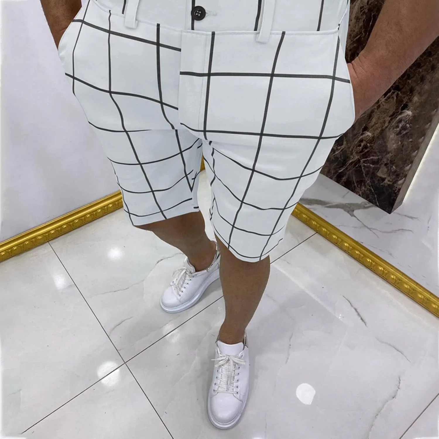Mens Shorts Slim Fit Stretch Chino Short Pants Flat Front Summer Chino Checked Tartan Golf Yoga Basic Plaid Short