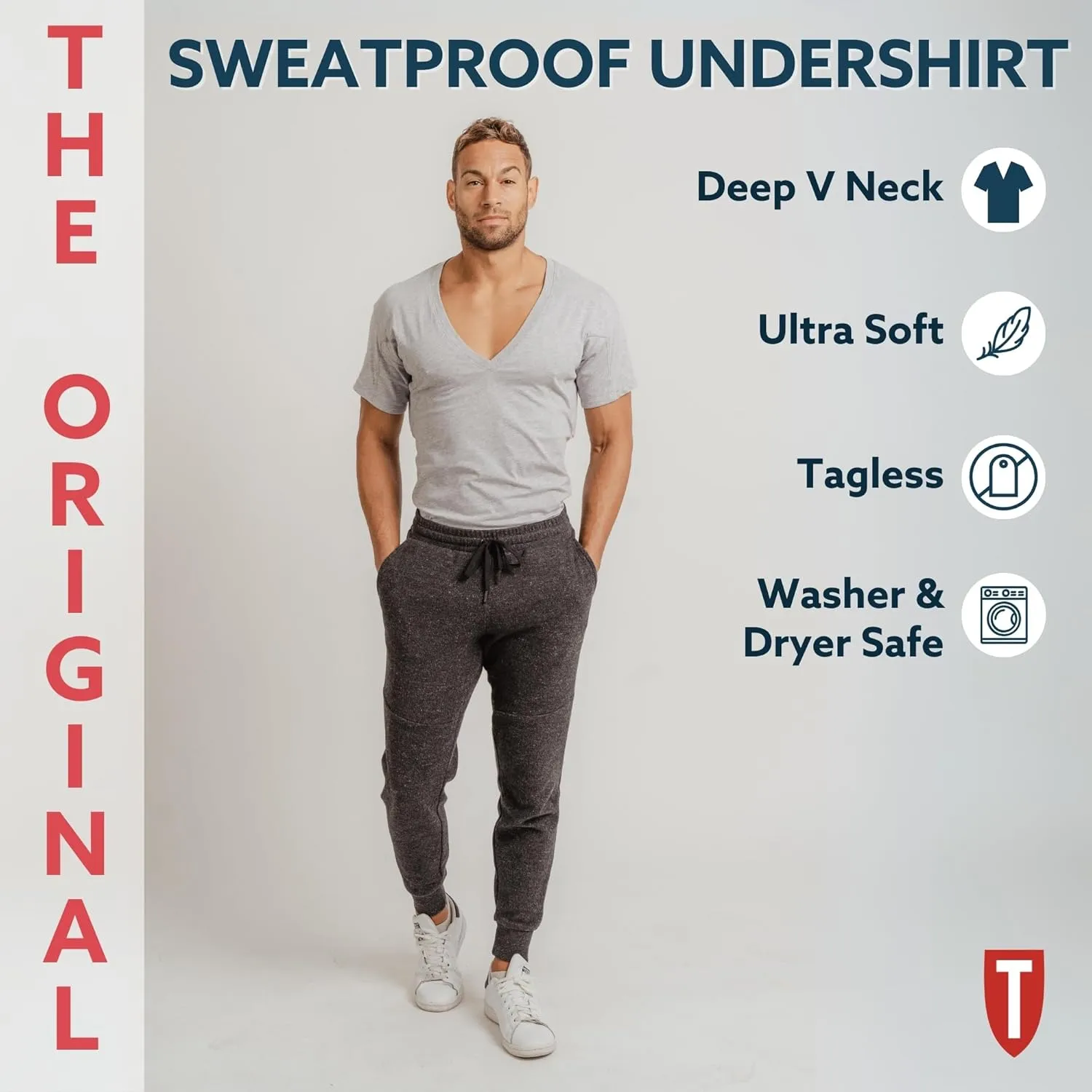 Men's Sweatproof Undershirt | Cotton Deep V Neck | Original Fit | with Sweat Pads