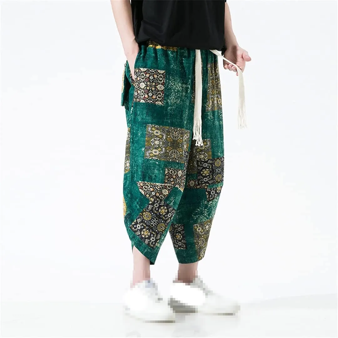 Men's Thin Print Beach Pants Casual Ankle-Lenght Harem Pantalon Turnip Trousers Wide Leg Pants