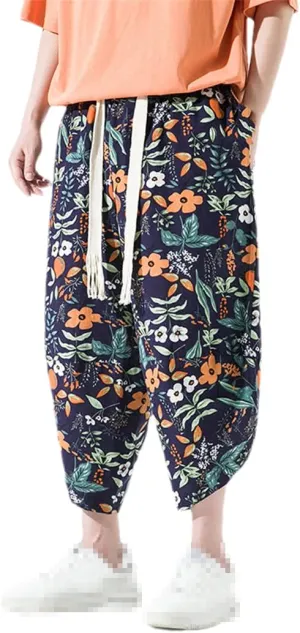 Men's Thin Print Beach Pants Casual Ankle-Lenght Harem Pantalon Turnip Trousers Wide Leg Pants