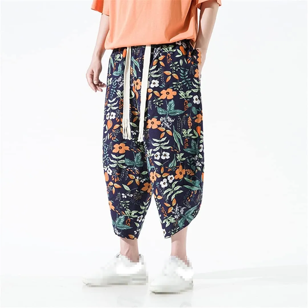 Men's Thin Print Beach Pants Casual Ankle-Lenght Harem Pantalon Turnip Trousers Wide Leg Pants