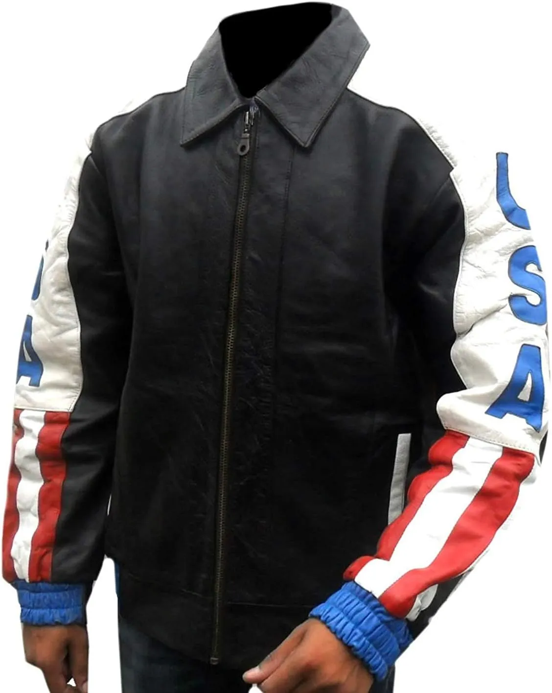 Men's USA Flag Logo Design Biker Bomber Motorcycle Black Real Leather Jacket