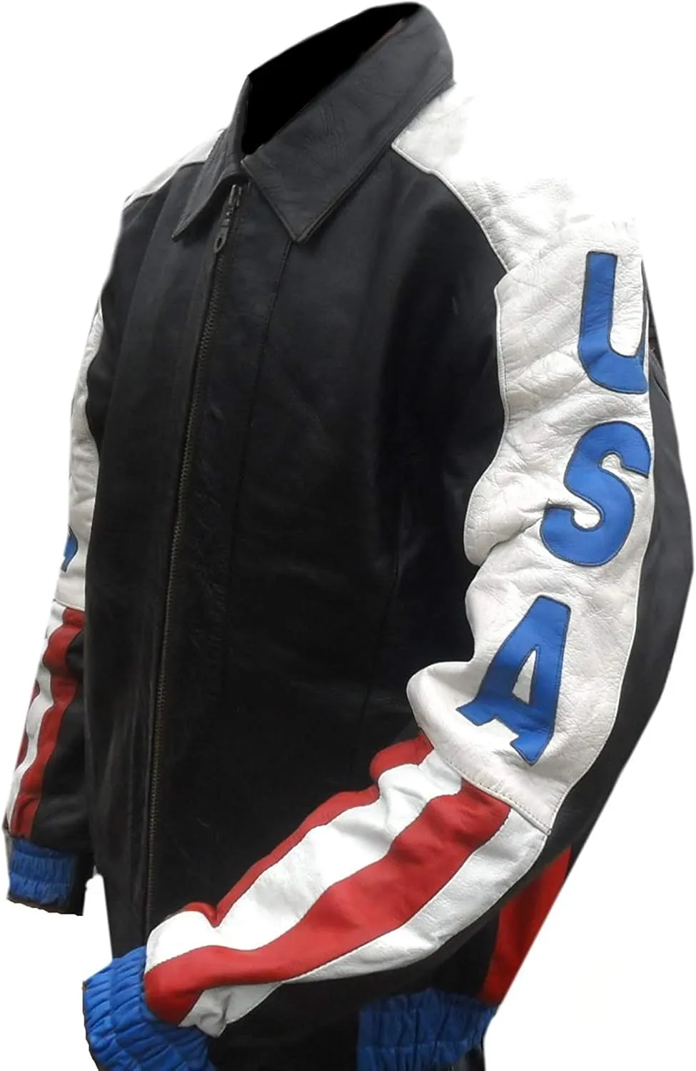 Men's USA Flag Logo Design Biker Bomber Motorcycle Black Real Leather Jacket