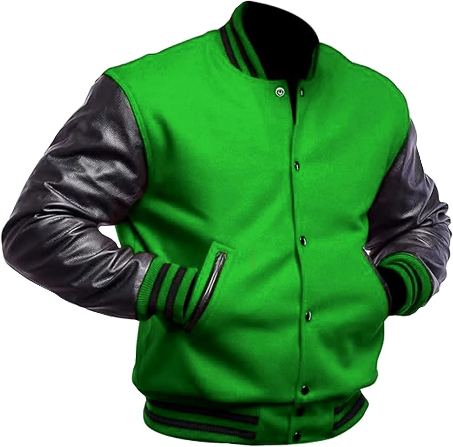 Men's Varsity Jacket Genuine Leather Sleeve Wool Blend Letterman Jacket - High School Baseball Bomber Jackets