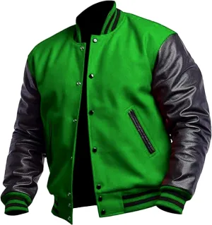 Men's Varsity Jacket Genuine Leather Sleeve Wool Blend Letterman Jacket - High School Baseball Bomber Jackets