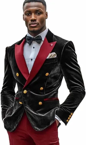 Men's Velvet Blazer Double Breasted Overcoat Notch Lapel Dinner Suit Jacket Coat for Prom Wedding Party Dinner
