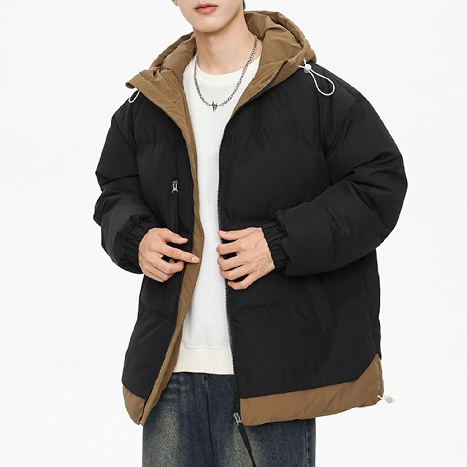 Men's Warm Hood Cotton-Padded Jacket Full Zip Drawstring Windproof Hooded Outwear Couple Bread Coat