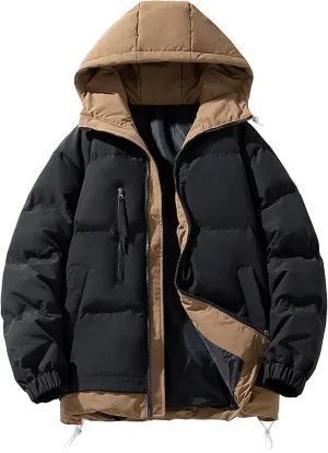 Men's Warm Hood Cotton-Padded Jacket Full Zip Drawstring Windproof Hooded Outwear Couple Bread Coat