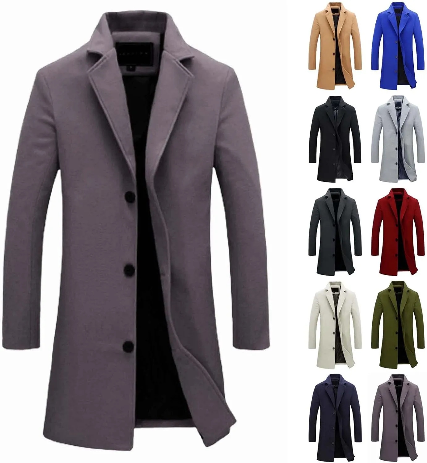 Men's Wool Blend Coat Winter Thermal Notched Collar Single Breasted Fashion Pea Coat Trench Overcoat
