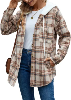 Merryfun Womens Plaid Shacket Jacket Sherpa Lined Flannel Jackets Oversized Button Up Fleece Hooded Warm Coat