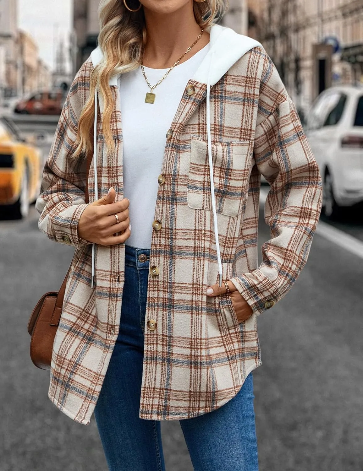 Merryfun Womens Plaid Shacket Jacket Sherpa Lined Flannel Jackets Oversized Button Up Fleece Hooded Warm Coat