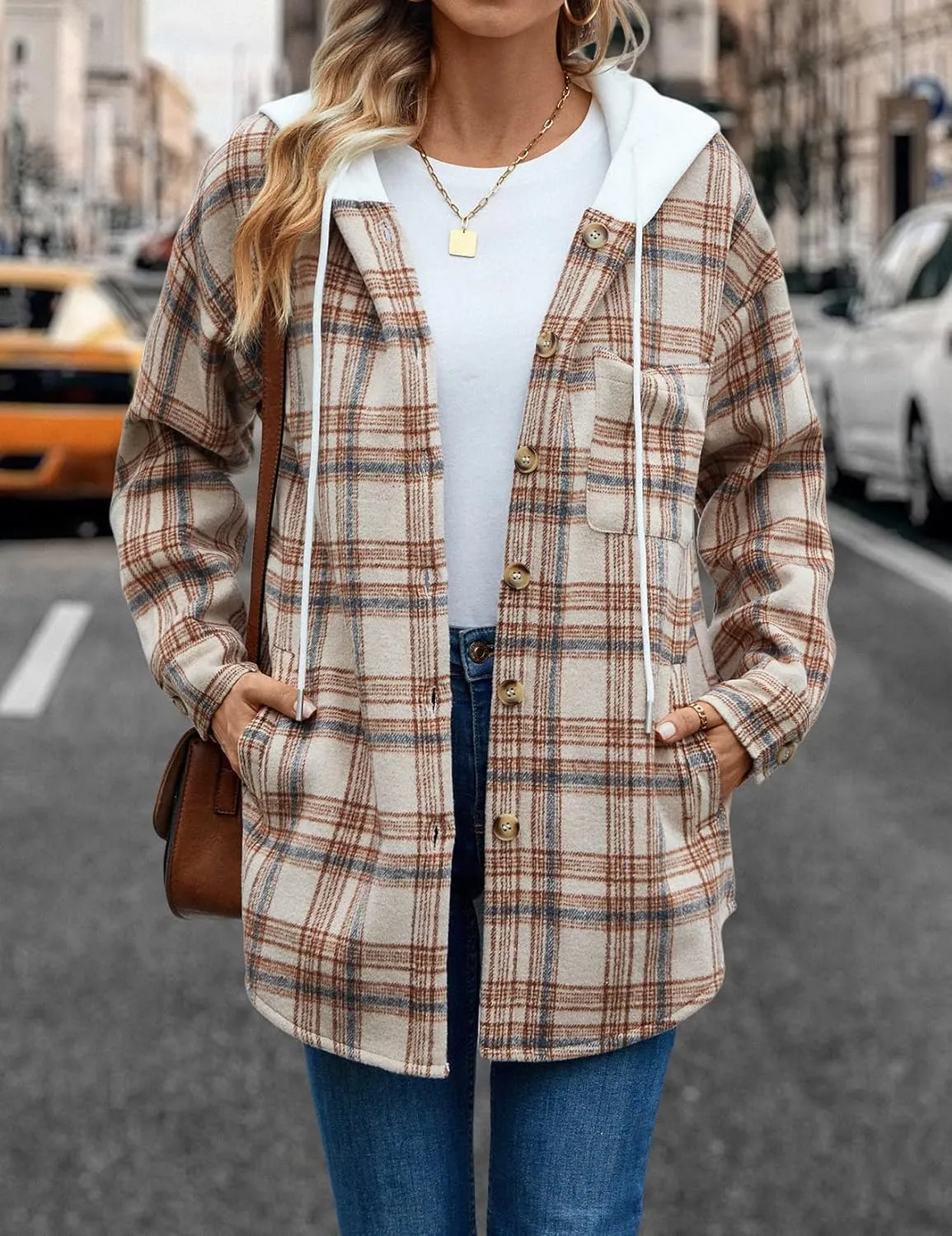 Merryfun Womens Plaid Shacket Jacket Sherpa Lined Flannel Jackets Oversized Button Up Fleece Hooded Warm Coat