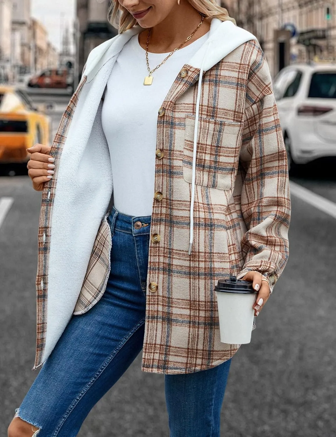 Merryfun Womens Plaid Shacket Jacket Sherpa Lined Flannel Jackets Oversized Button Up Fleece Hooded Warm Coat