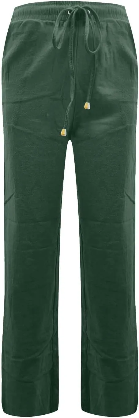 midelxp Women's Linen Pants Summer Straight Leg Lounge Trouser Pants with Pockets Comfy Drawstring High Waist Casual Pants