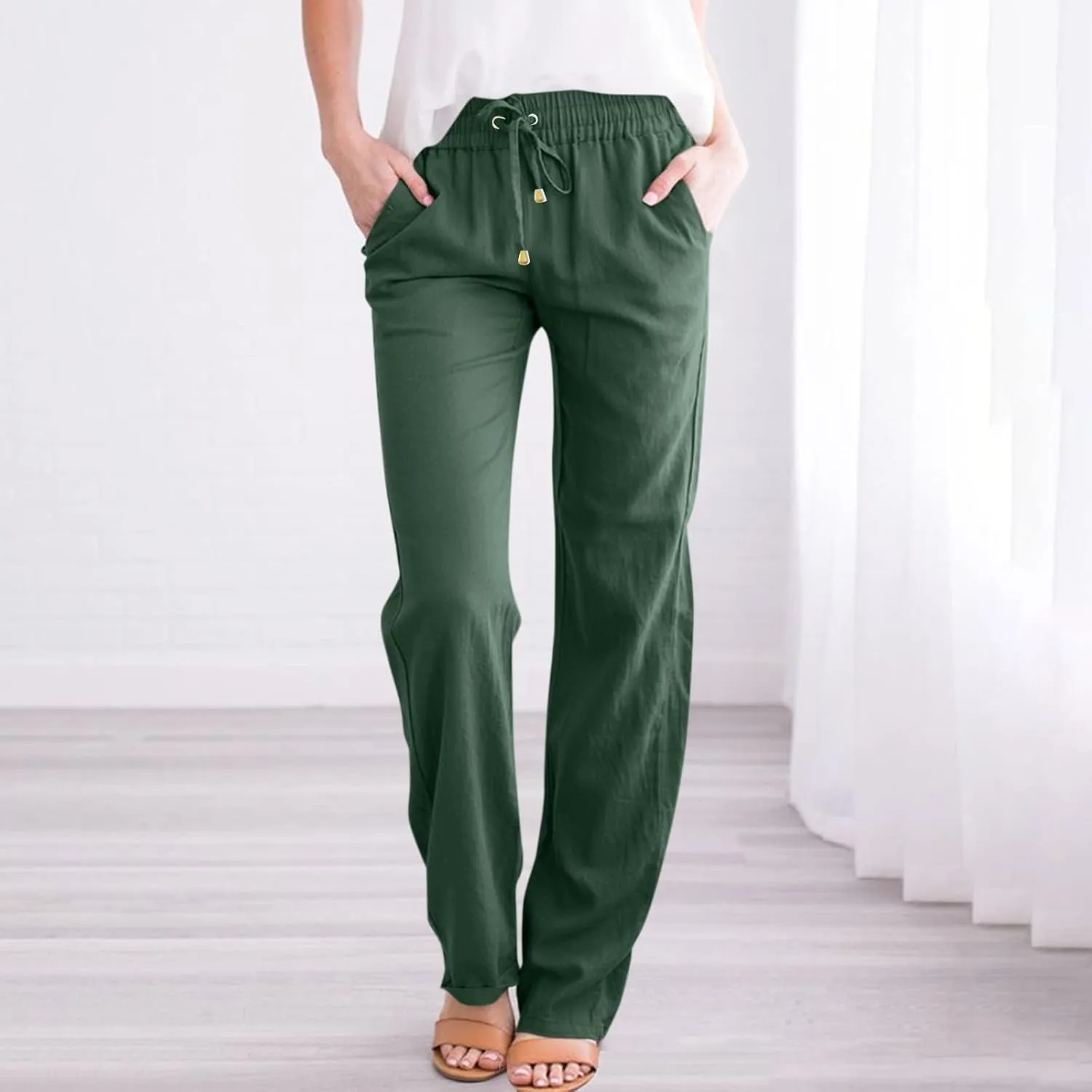 midelxp Women's Linen Pants Summer Straight Leg Lounge Trouser Pants with Pockets Comfy Drawstring High Waist Casual Pants