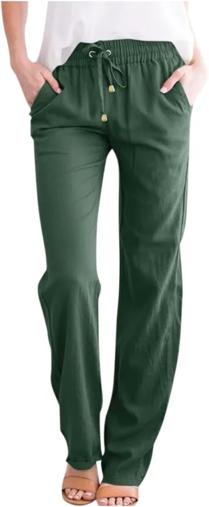 midelxp Women's Linen Pants Summer Straight Leg Lounge Trouser Pants with Pockets Comfy Drawstring High Waist Casual Pants