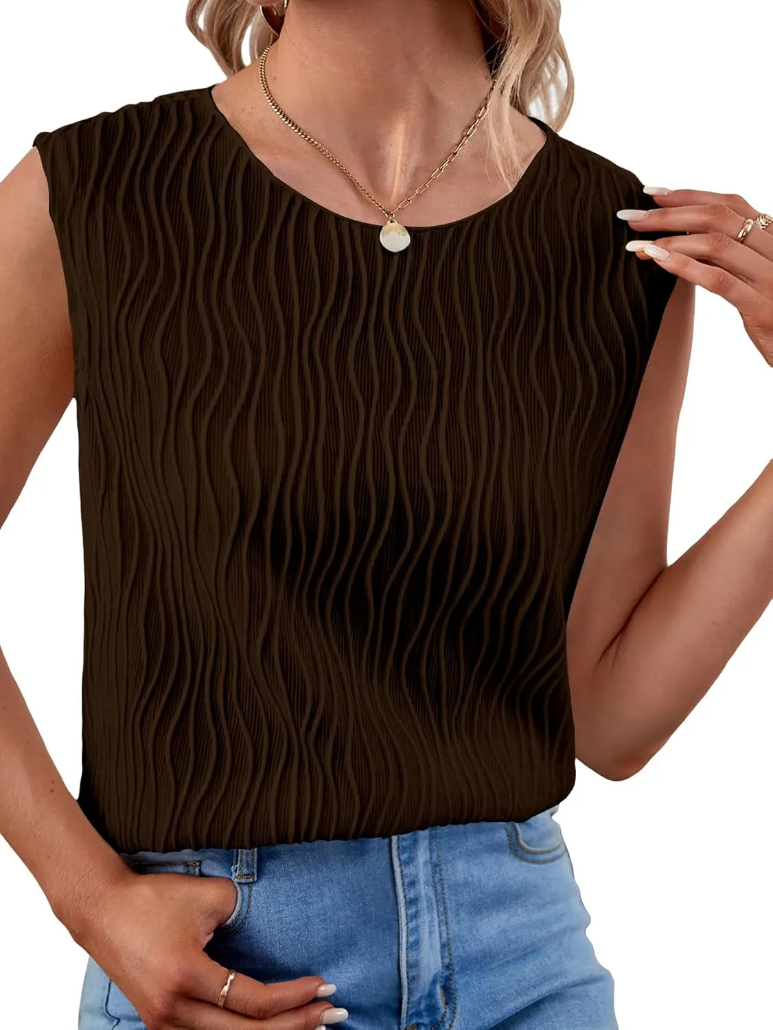 Milumia Women's Casual Textured Tank Tops Round Neck Sleeveless Work Blouse Top