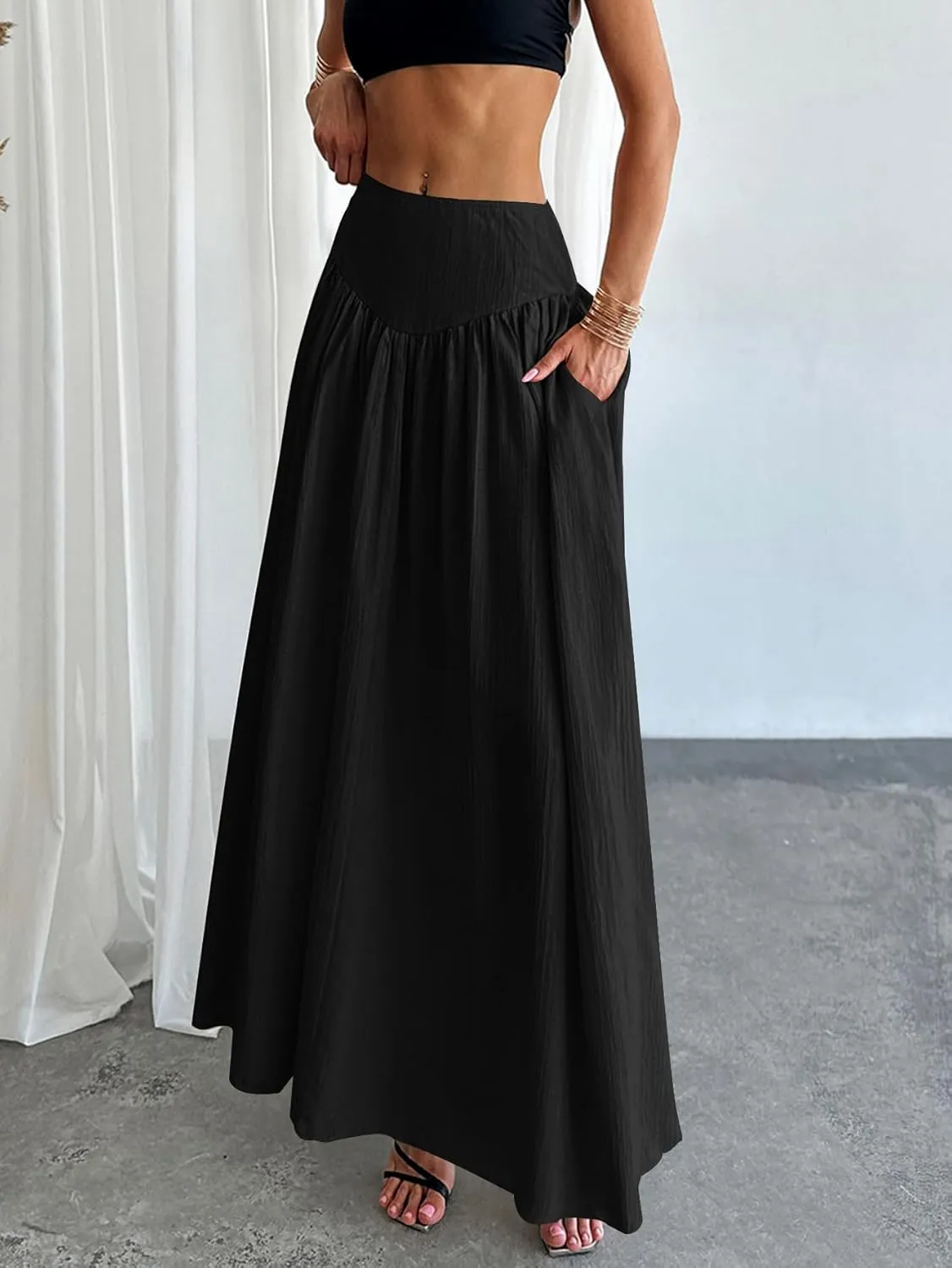 Milumia Women's Pleated Flowy Long Skirts High Waist Maxi Skirt with Pocket