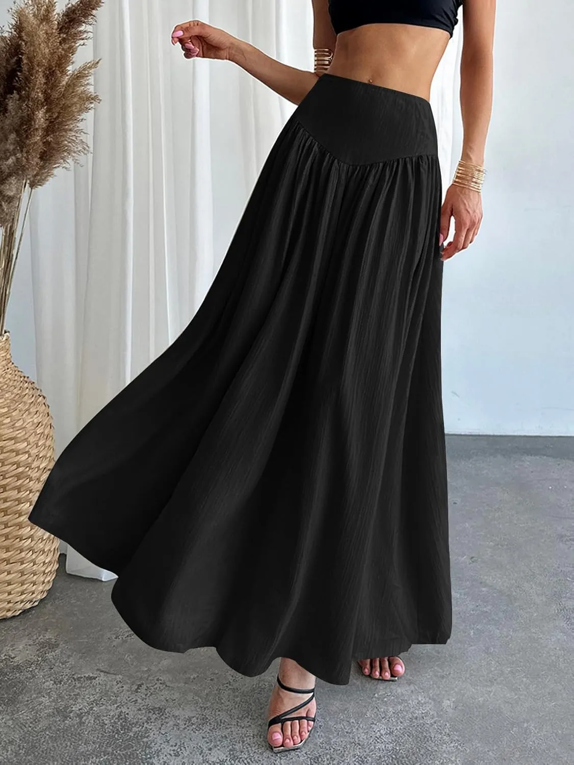 Milumia Women's Pleated Flowy Long Skirts High Waist Maxi Skirt with Pocket