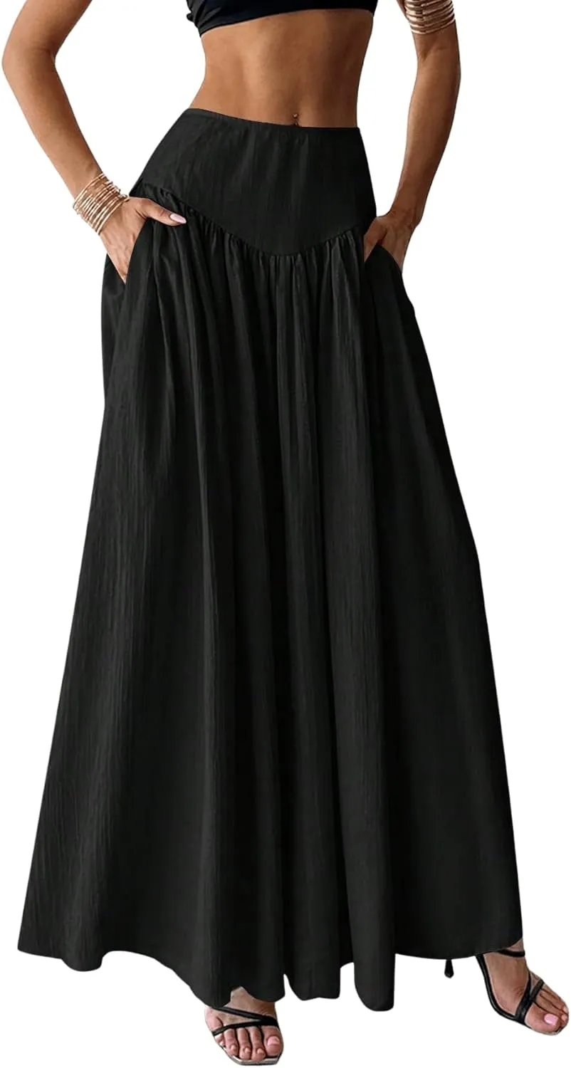Milumia Women's Pleated Flowy Long Skirts High Waist Maxi Skirt with Pocket
