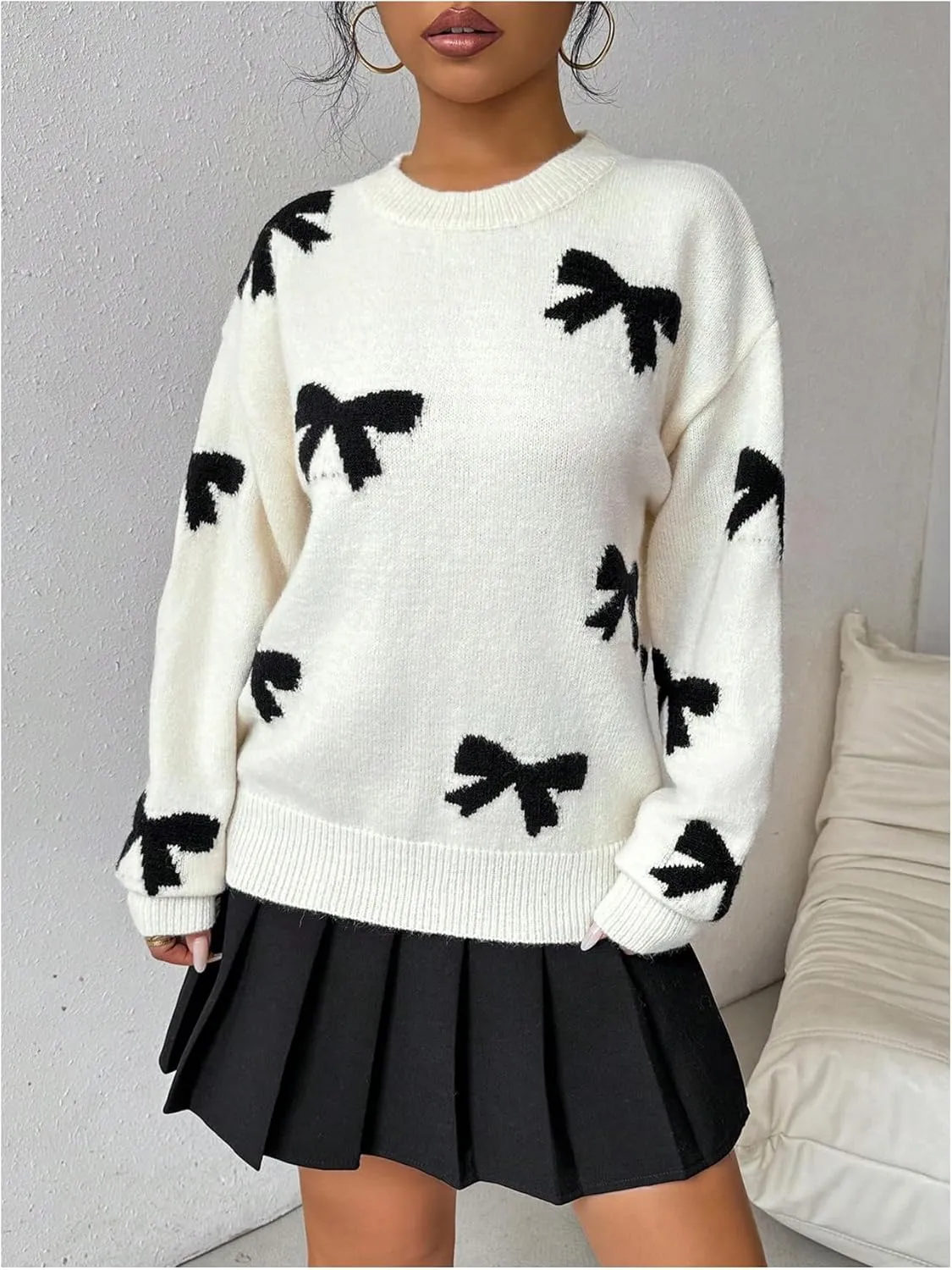 Milumia Women's Y2K Bow Sweater Long Sleeve Crew Neck Knit Pullover Top