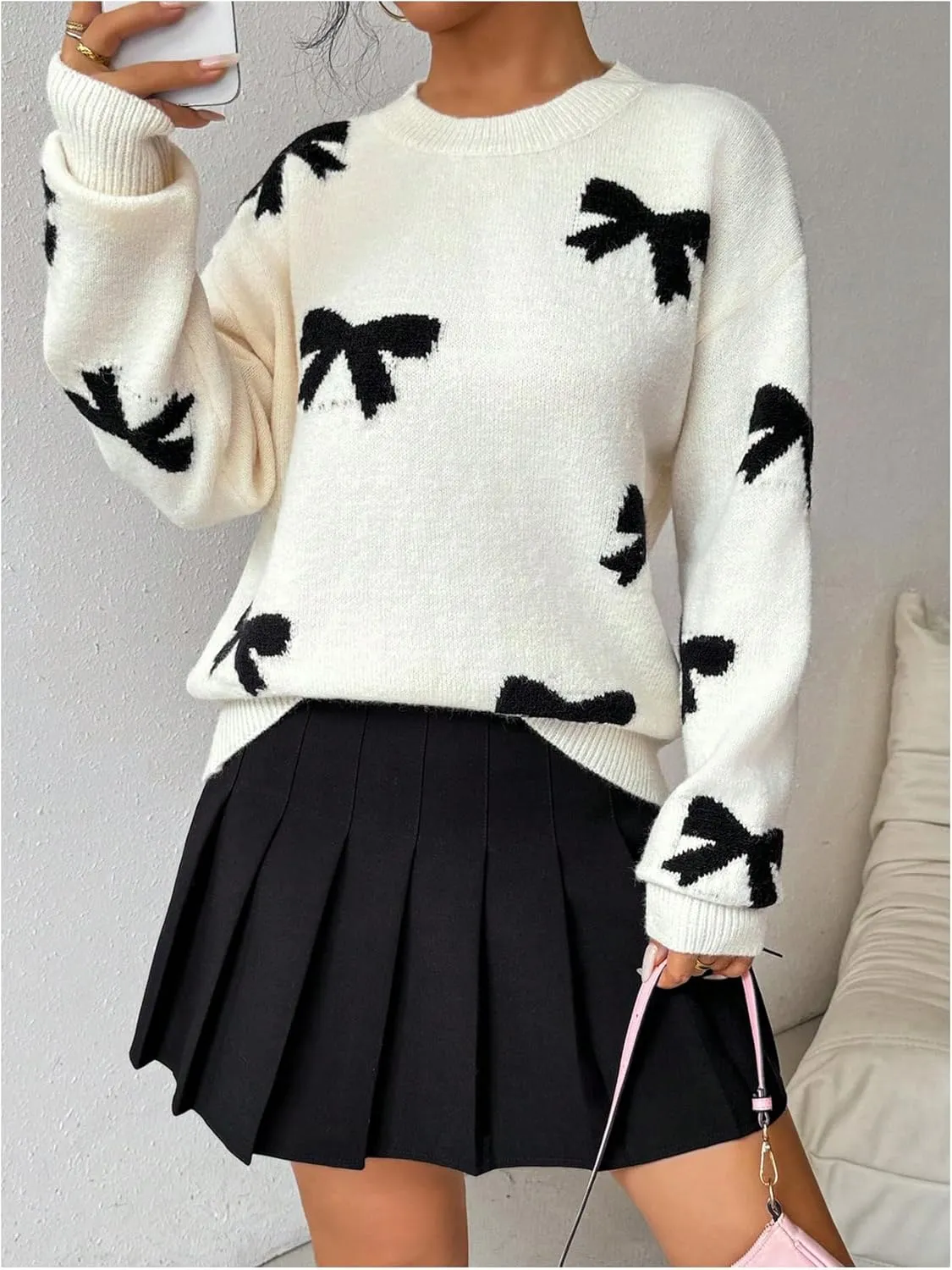 Milumia Women's Y2K Bow Sweater Long Sleeve Crew Neck Knit Pullover Top
