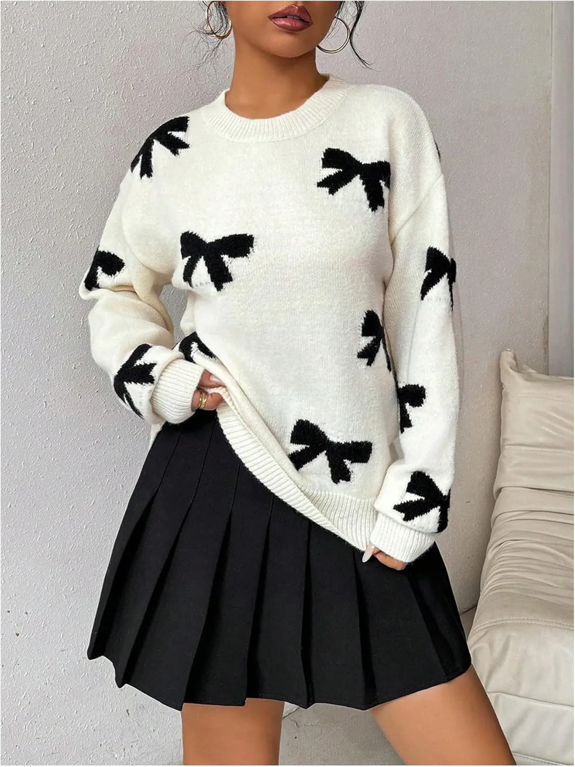 Milumia Women's Y2K Bow Sweater Long Sleeve Crew Neck Knit Pullover Top