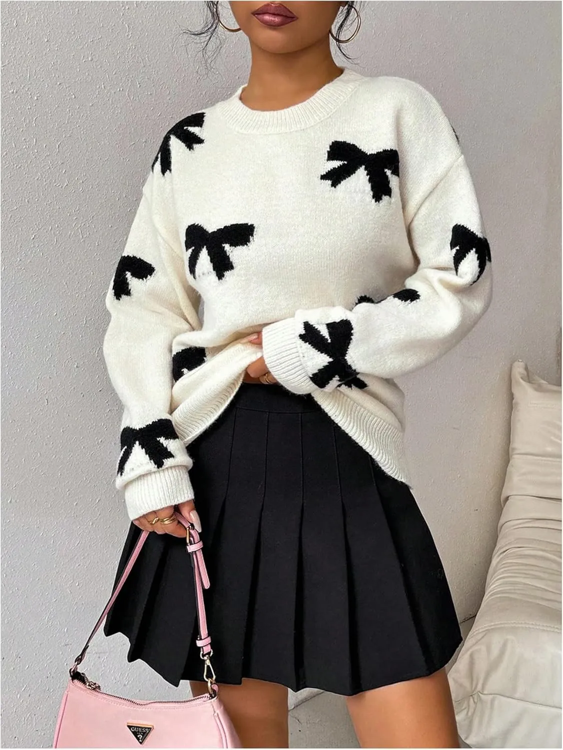 Milumia Women's Y2K Bow Sweater Long Sleeve Crew Neck Knit Pullover Top
