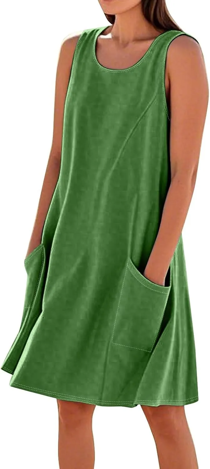 Mini Linen Dresses for Women 2025 Summer Sundress Sleeveless Elegant Flowy Plus Size Loose Tank Dress with Pockets