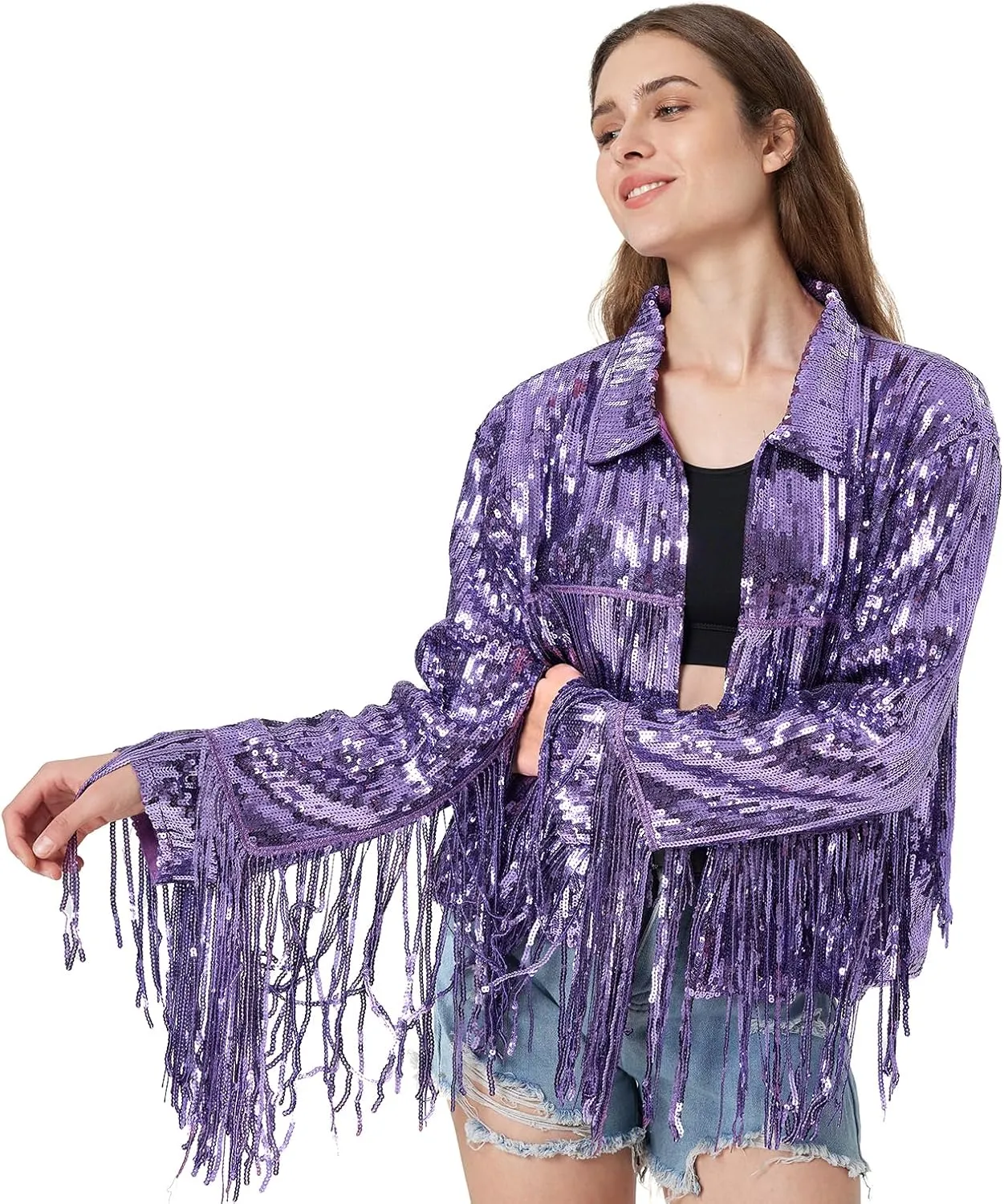 MISI CHAO Sequin Fringe Jacket Shiny Disco Cowgirl Outfit Theme Y2K 90s Streetwear Jacket Glitter Tassel Coat