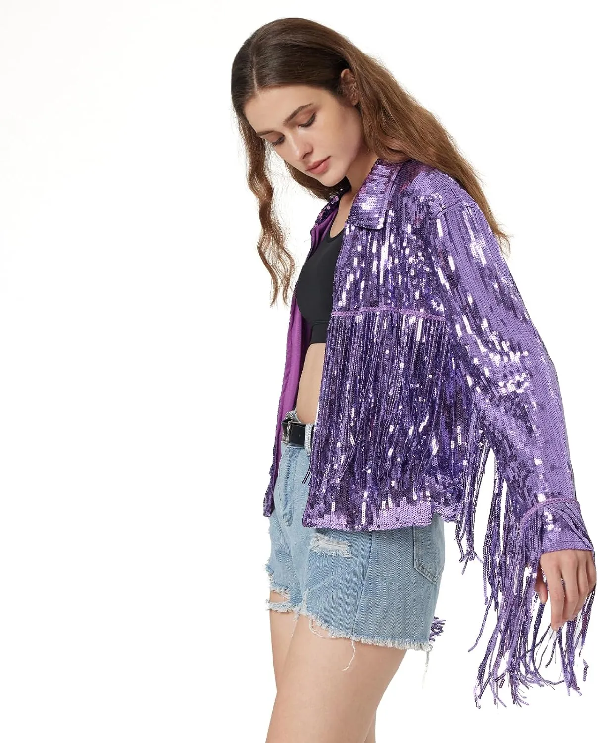 MISI CHAO Sequin Fringe Jacket Shiny Disco Cowgirl Outfit Theme Y2K 90s Streetwear Jacket Glitter Tassel Coat