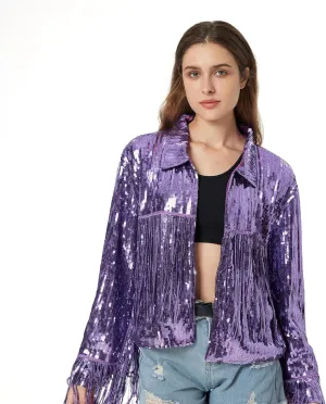 MISI CHAO Sequin Fringe Jacket Shiny Disco Cowgirl Outfit Theme Y2K 90s Streetwear Jacket Glitter Tassel Coat