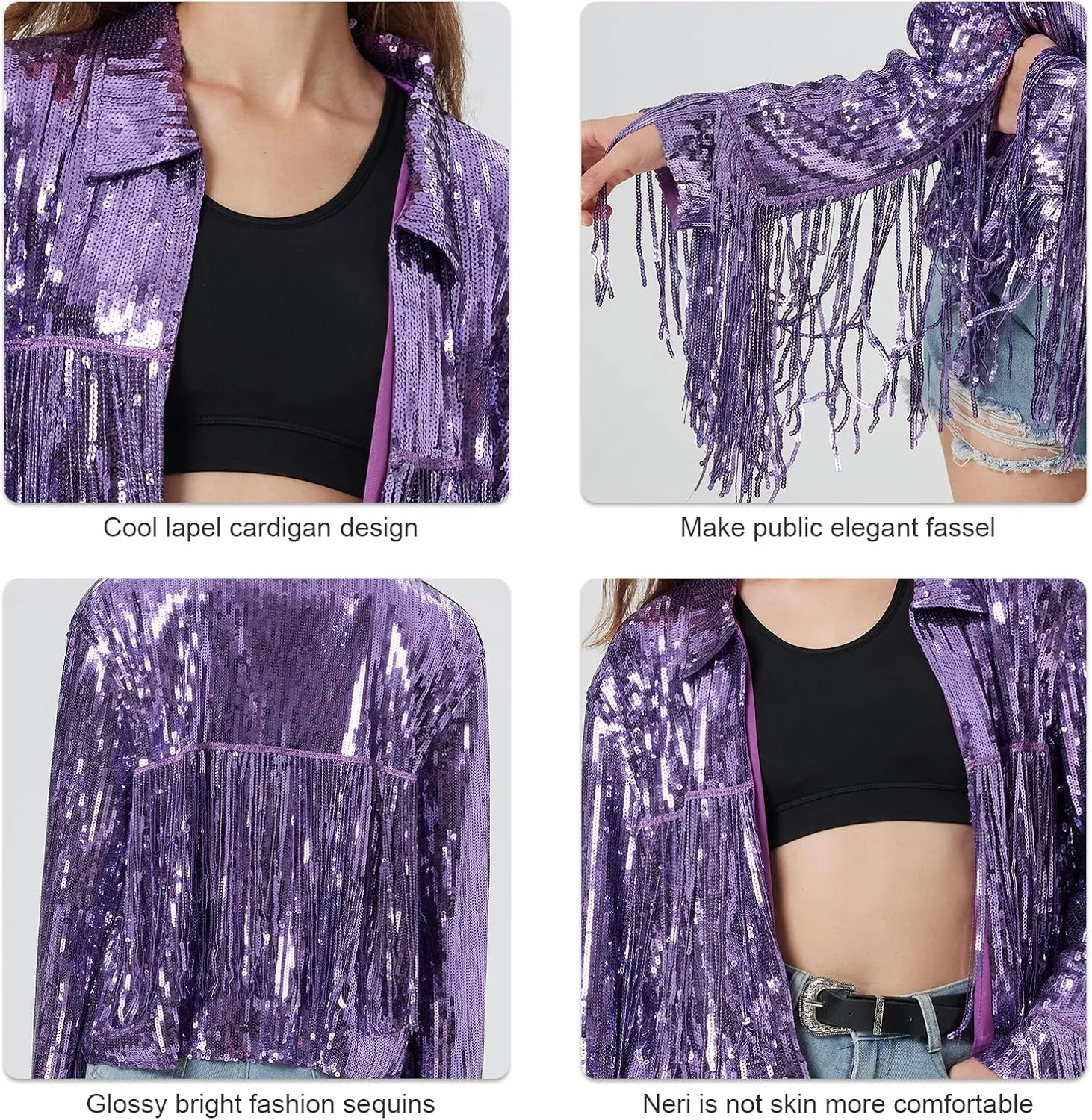 MISI CHAO Sequin Fringe Jacket Shiny Disco Cowgirl Outfit Theme Y2K 90s Streetwear Jacket Glitter Tassel Coat