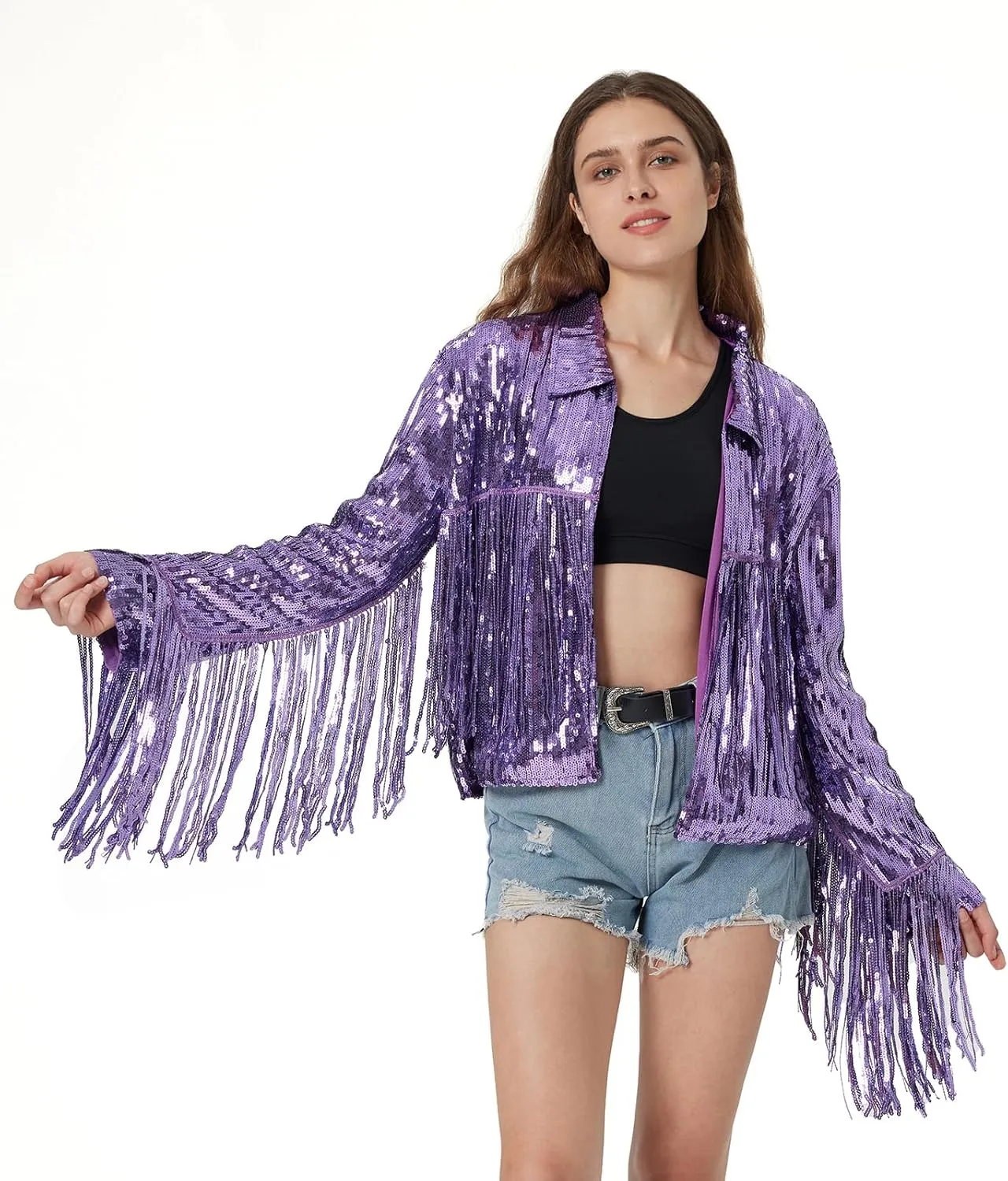 MISI CHAO Sequin Fringe Jacket Shiny Disco Cowgirl Outfit Theme Y2K 90s Streetwear Jacket Glitter Tassel Coat