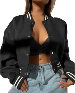 Molilove Womens Leather Jacket Mock Neck Long Sleeve Button Cropped Leather Jacket Casual Biker Moto Jacket Fall Outerwear