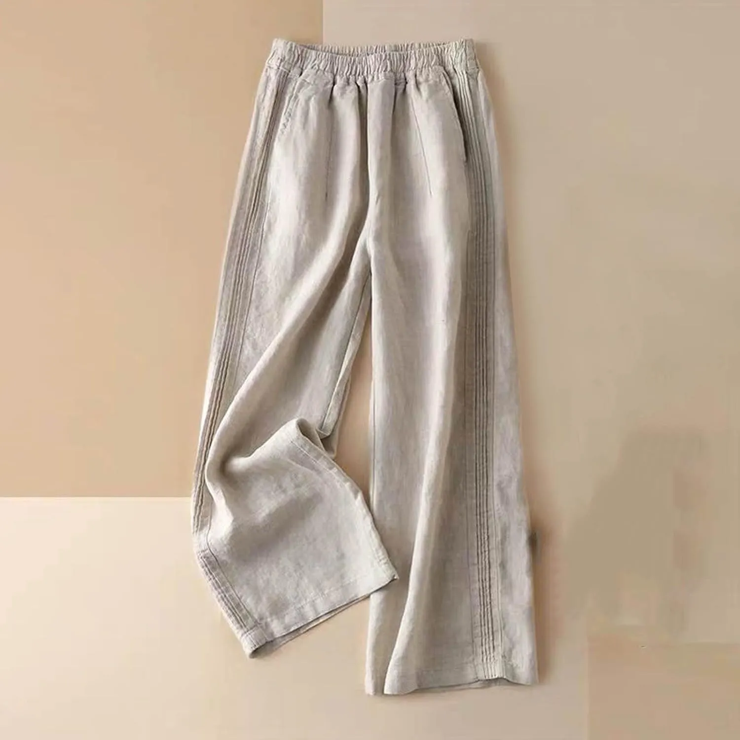 Mzkdieey Women's Linen Pants 2024 Summer Elastic High Waist Wide Leg Pants Casual Loose Flowy Beach Trousers with Pockets