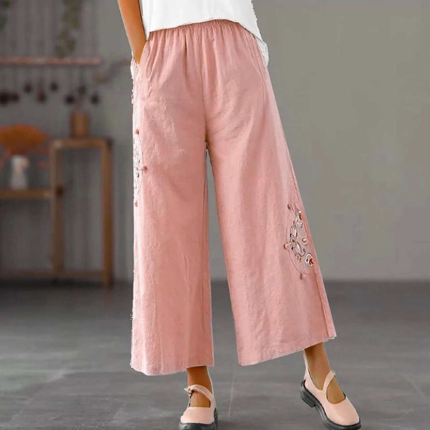 Mzkdieey Womens Wide Leg Capri Pants Mexican Embroidered Peasant Cropped Trousers Cotton Linen High Waist Palazzo Pants