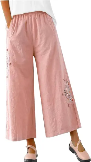 Mzkdieey Womens Wide Leg Capri Pants Mexican Embroidered Peasant Cropped Trousers Cotton Linen High Waist Palazzo Pants