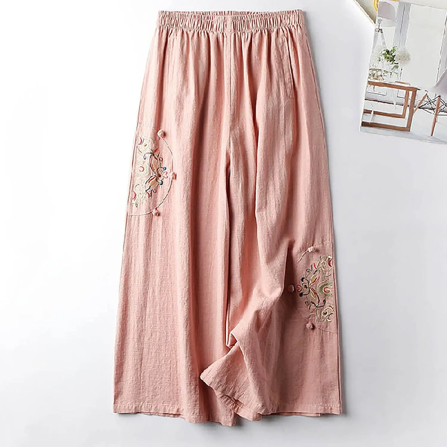 Mzkdieey Womens Wide Leg Capri Pants Mexican Embroidered Peasant Cropped Trousers Cotton Linen High Waist Palazzo Pants