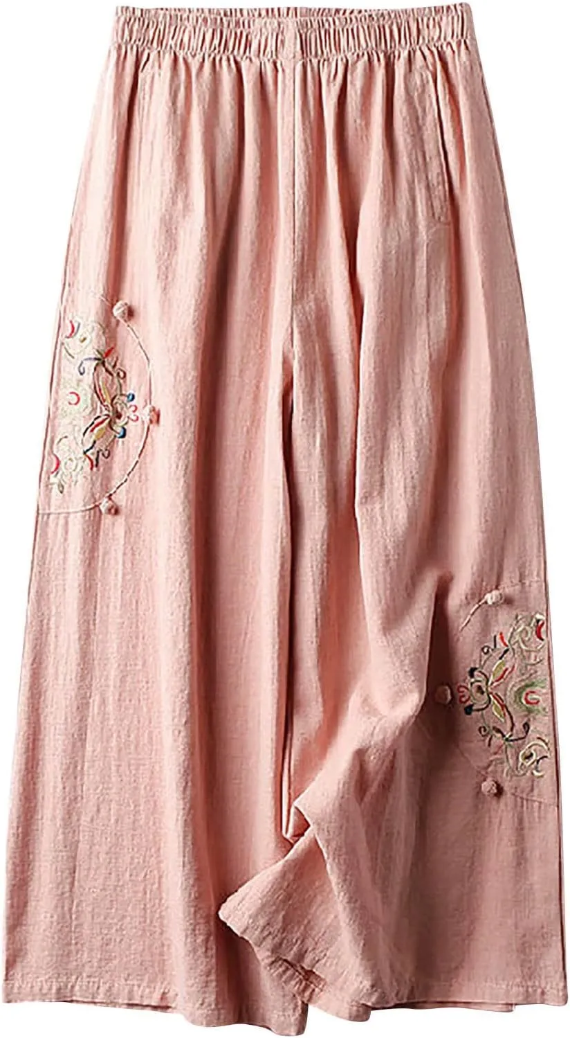 Mzkdieey Womens Wide Leg Capri Pants Mexican Embroidered Peasant Cropped Trousers Cotton Linen High Waist Palazzo Pants