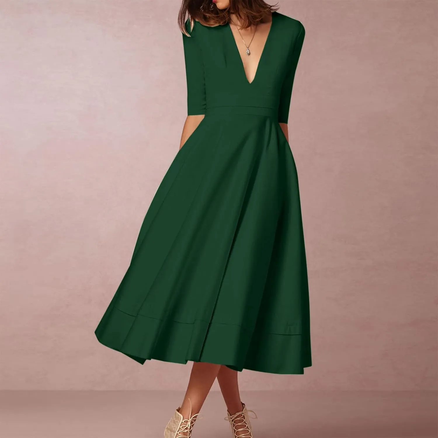 NaRHbrg Women's V-Neck Half Sleeve Midi Dress High Waist A-Line Elegant Flowy Party Dresses for Wedding