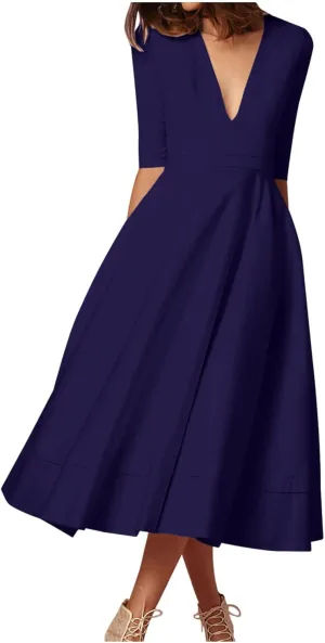 NaRHbrg Women's V-Neck Half Sleeve Midi Dress High Waist A-Line Elegant Flowy Party Dresses for Wedding